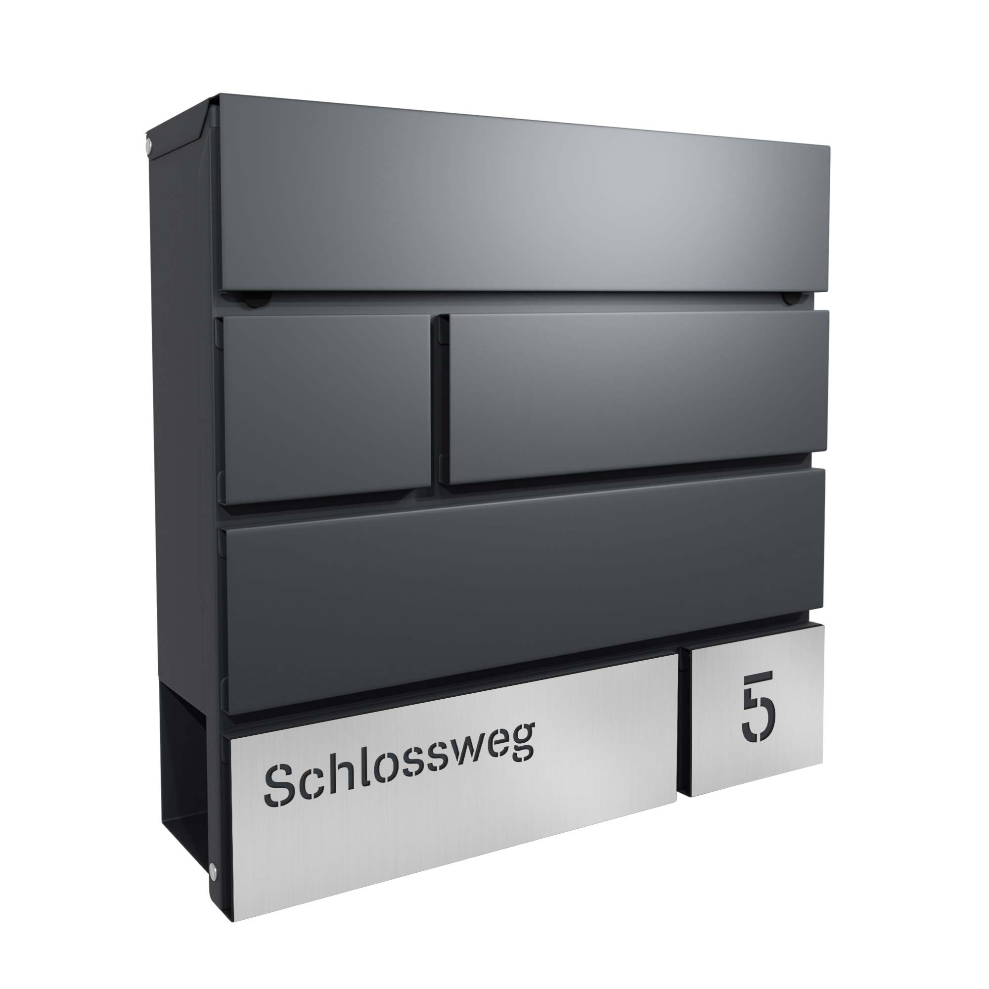 Briefkasten Viborg Anthrazit (RAL7016) Edelstahl mit Zeitungsfach - personalisiert mit Hausnummer und Straßenname als Gravur